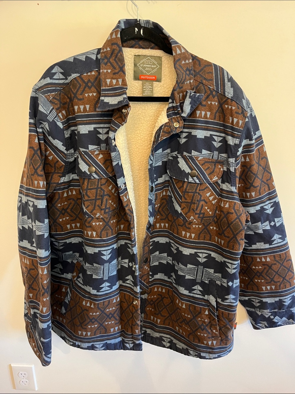 St. John's Bay Brown & Navy Patterned Sherpa Shirt Jacket